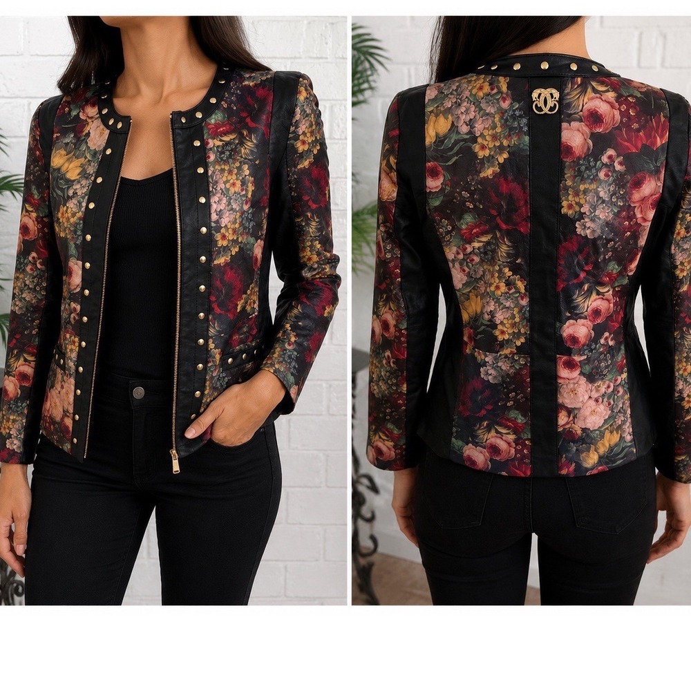 Sharif Couture Leather Jkt Womens Small Floral Black Studded Excellent Zip Front